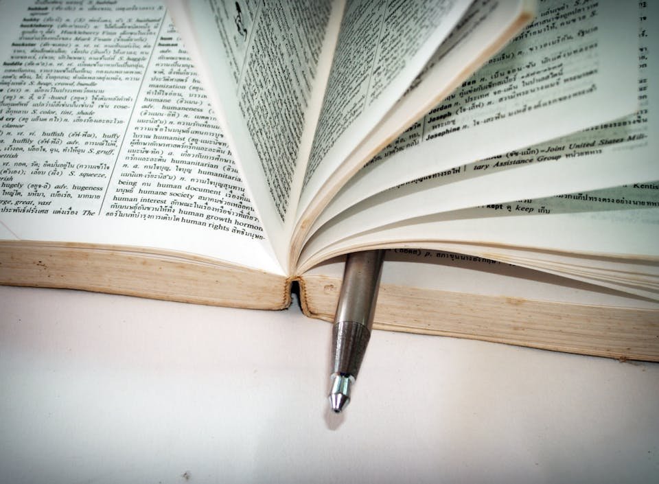 Open dictionary with a pen marking a page during a translation review.